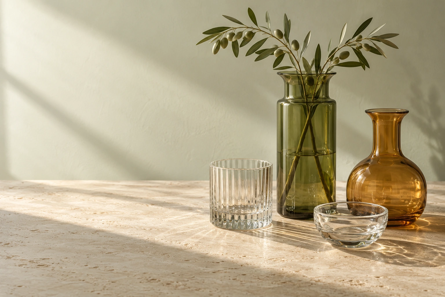 Sunlit olive, amber and clear glassware on a stone tabletop